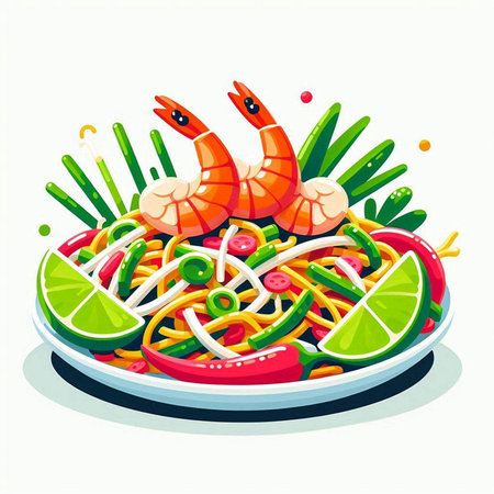 Noodles with shrimps and vegetables. Vector illustration.のイラスト素材