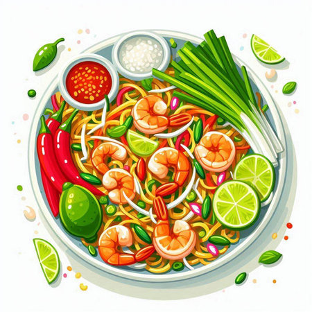 Illustration of Spicy Asian Noodles with Shrimps and Vegetablesのイラスト素材