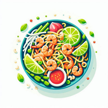 Noodles with shrimps and vegetables. Vector illustration.のイラスト素材