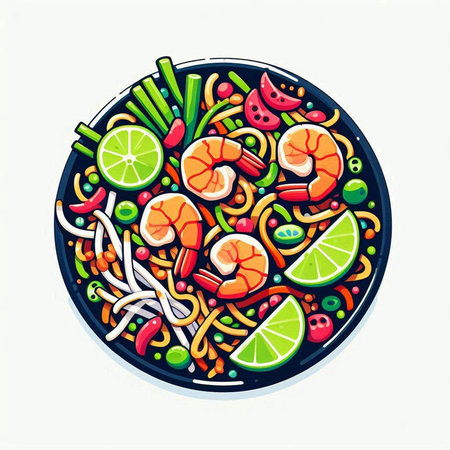 Noodles with shrimps and vegetables. Vector illustration.のイラスト素材