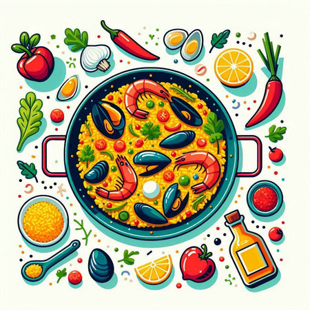 Seafood paella in a frying pan. Colorful vector illustration.のイラスト素材