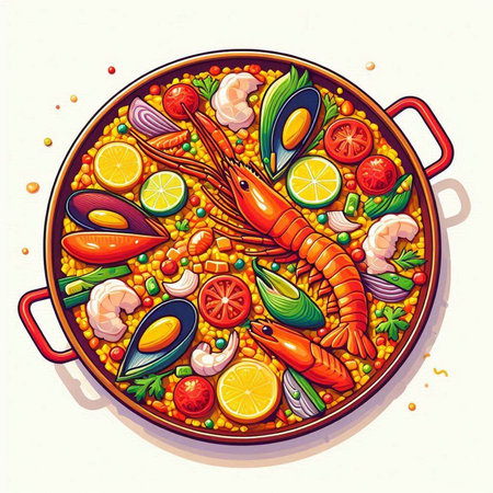 Seafood paella vector illustration. Hand drawn seafood paella dish.のイラスト素材