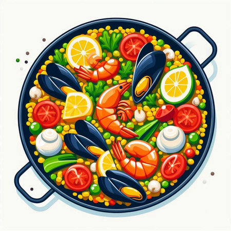 Seafood paella in a frying pan. Vector illustration.のイラスト素材