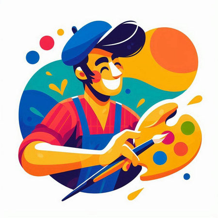 Painter with paintbrush and palette. Vector illustration in cartoon styleのイラスト素材