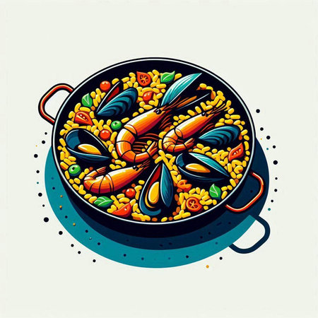Seafood paella in a frying pan. Vector illustration.のイラスト素材