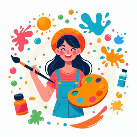Happy girl painter with palette and paint brush. Vector illustration in cartoon styleのイラスト素材