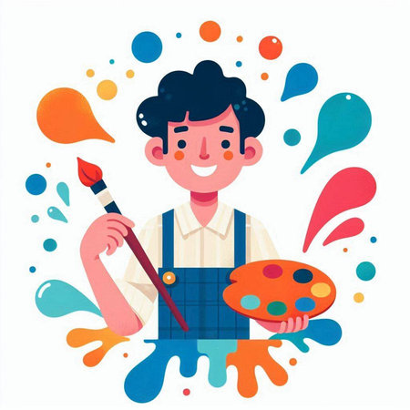 Cute boy with paintbrush and palette. Vector illustration in cartoon styleのイラスト素材