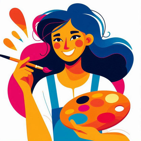 Girl painter with palette and brush. Vector illustration in cartoon style.のイラスト素材