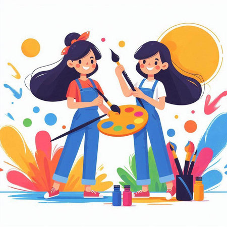Two girls paint with brushes and paints. Vector illustration in cartoon style.のイラスト素材