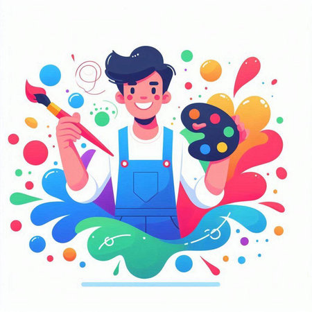 Happy painter with brush and palette. Vector illustration in cartoon style.のイラスト素材