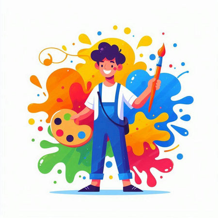 Painter cartoon character with palette and brush. Colorful paint splashes. Vector illustrationのイラスト素材