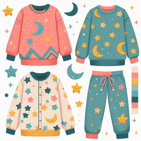 Vector set of children's pajamas with stars, moon and stars.のイラスト素材