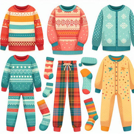 Set of winter warm clothes for kids. Sweater, pants, socks. Vector illustrationのイラスト素材