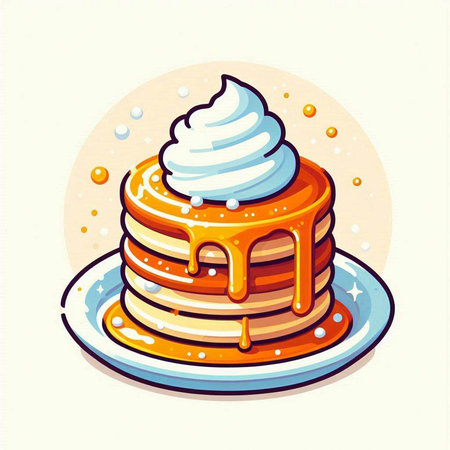 Illustration of a stack of pancakes with syrup and whipped cream.のイラスト素材