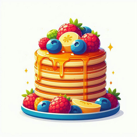 Pancakes with berries and honey. Vector illustration of a delicious dessert.のイラスト素材