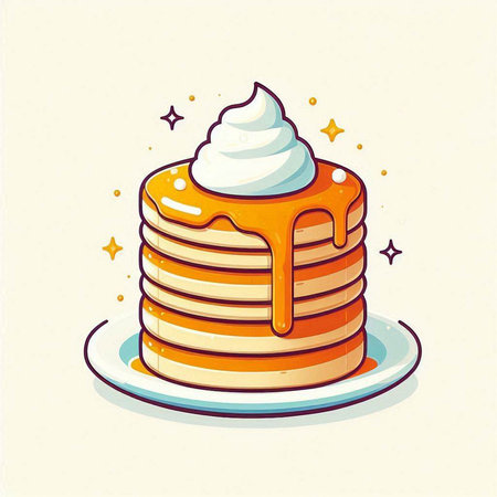 Illustration of a stack of pancakes with honey and whipped cream.のイラスト素材