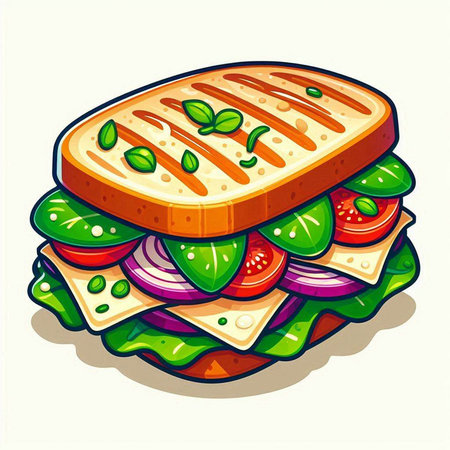 Illustration of a sandwich with tomato, cucumber, onion and cheeseのイラスト素材