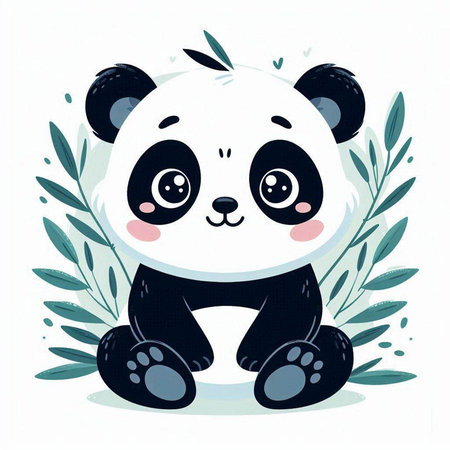 Cute panda sitting on the ground with leaves. Vector illustration.のイラスト素材