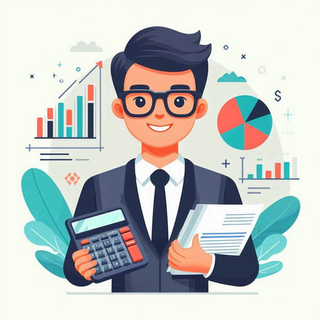 Businessman with documents and calculator. Vector illustration in flat style.のイラスト素材