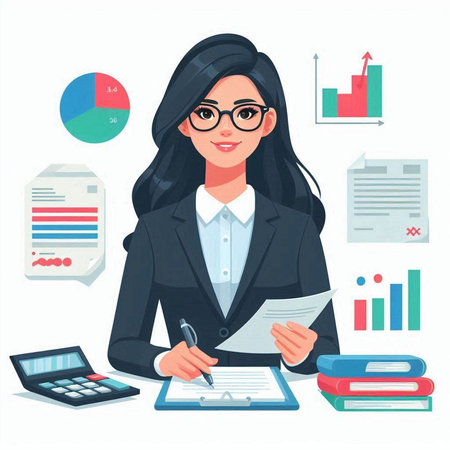 Business woman sitting at desk with documents and calculator. Vector illustration.のイラスト素材
