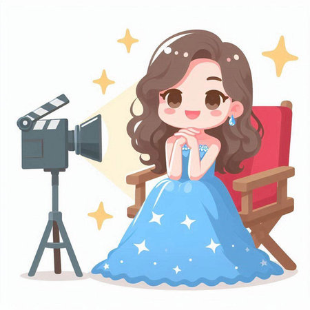 Illustration of a Cute Girl Wearing a Blue Dress and Holding a Movie Cameraのイラスト素材