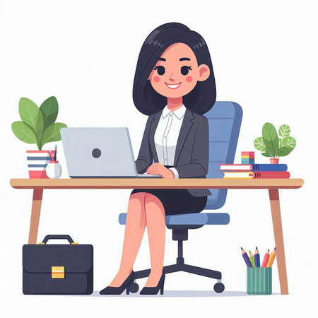 Businesswoman sitting at desk with laptop. Business concept. Vector illustrationのイラスト素材