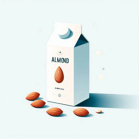 Almond milk in a package on a blue background. Vector illustrationのイラスト素材