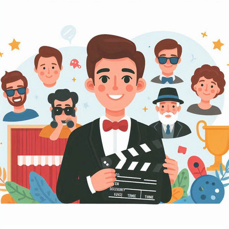 Cinema concept. Cartoon man with clapperboard. Vector illustrationのイラスト素材