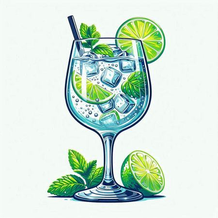 Mojito cocktail with lime, mint and ice. Vector illustration.のイラスト素材