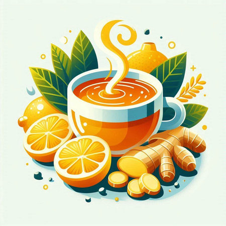 Cup of tea with ginger, lemon and turmeric. Vector illustration.のイラスト素材