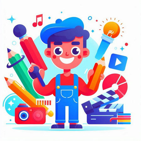 Cute cartoon boy with colored pencils and camera. Vector illustrationのイラスト素材