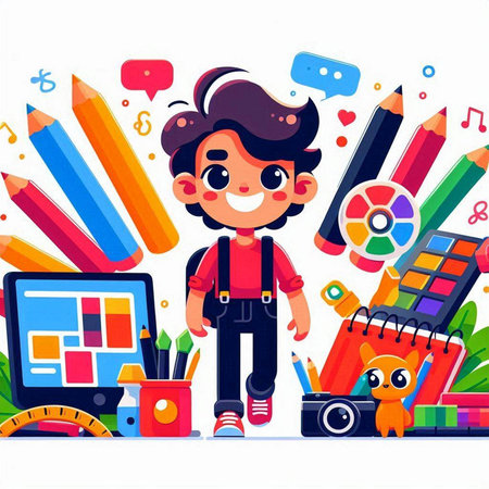 Cute schoolboy with school supplies. Vector illustration in cartoon styleのイラスト素材