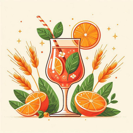 Cocktail with orange slices and mint leaves. Vector illustration.のイラスト素材