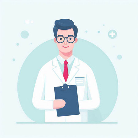 Male doctor in white coat and glasses with clipboard. Vector illustration.のイラスト素材
