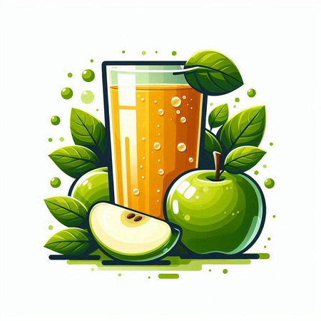 Glass of apple juice with green apples and leaves. Vector illustration.のイラスト素材