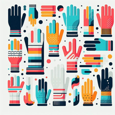 Hands with gloves. Vector illustration in flat design style. Set of different gloves.のイラスト素材