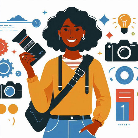 Young african american woman photographer with camera, vector illustration.のイラスト素材
