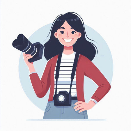 Female photographer holding camera and smiling. Vector illustration in cartoon style.のイラスト素材