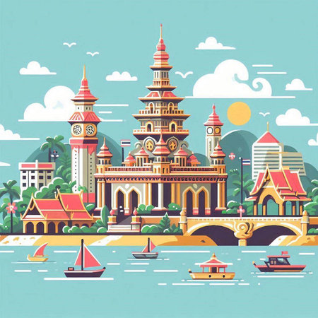 Thai temple on the sea. Vector illustration in flat style.のイラスト素材