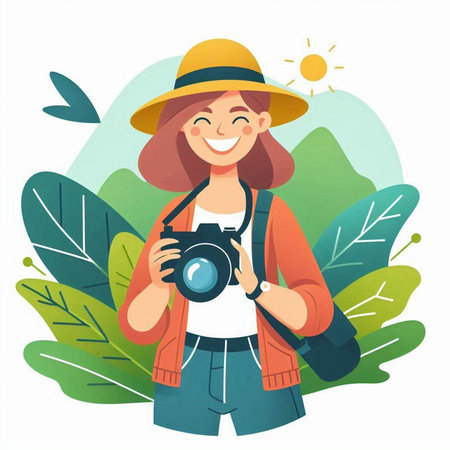 Vector illustration of a girl with a camera on a background of nature.のイラスト素材