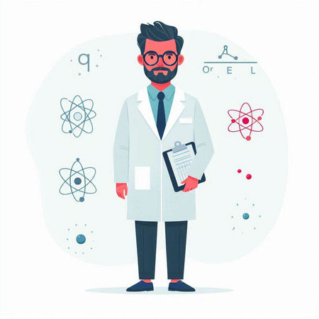 Scientist in white coat and glasses. Vector illustration in flat styleのイラスト素材