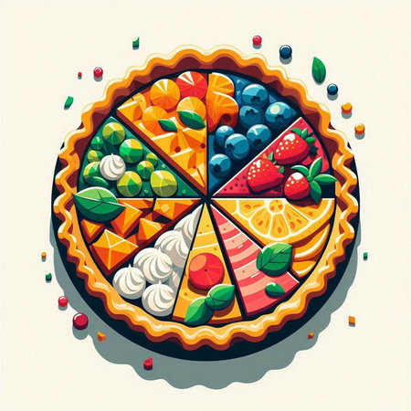 Piece of cake with fruits and berries in the form of a circleのイラスト素材