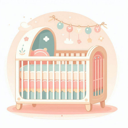 Cute baby room with crib. Vector illustration in cartoon style.のイラスト素材