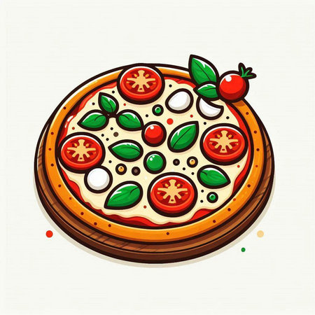 Pizza with tomato, mozzarella and basil. Vector illustration.のイラスト素材