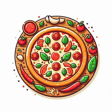 Pizza on a wooden board. Vector illustration in cartoon style.のイラスト素材