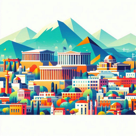 Vector illustration of a cityscape with buildings and mountains in a flat styleのイラスト素材