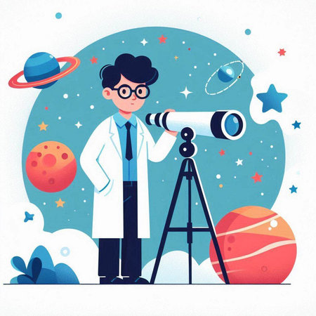 Astronaut with telescope, flat vector illustration isolated on white background.のイラスト素材