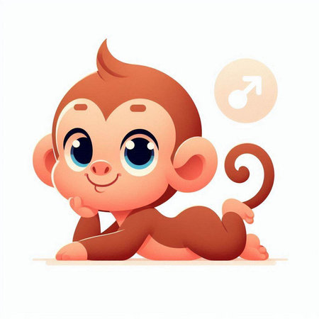 Cute cartoon monkey sitting on the floor and listening to music.のイラスト素材