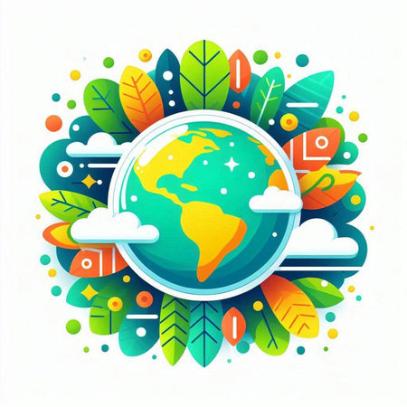 Ecology concept with globe and leaves on white background. Vector illustration.のイラスト素材