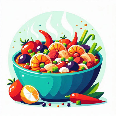 Vegetable salad with shrimp, tomatoes and olives in a bowl. Vector illustration.のイラスト素材